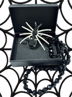 Silver Spider Pendant on Black Cut Glass Crystal Bead Necklace